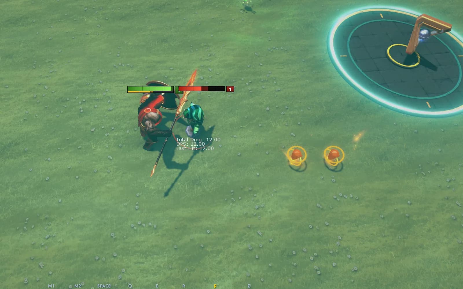 Mars thrusting his spear at a target dummy in the arena