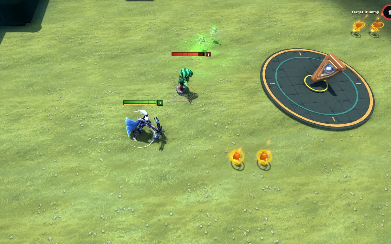 Rinya facing a target dummy next to the Middle Orb and two Energy orbs